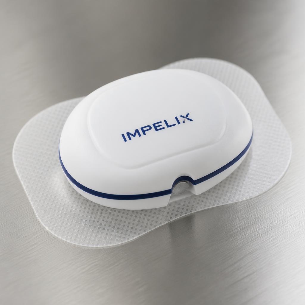 Concept rendering of a small white sensor module on an adhesive patch.