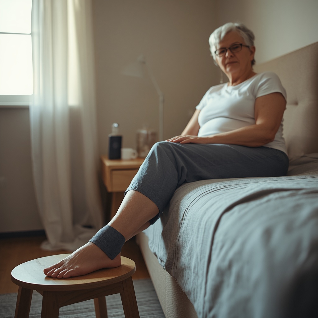 A woman in her sixties sits on the edge of her bed at home, one foot resting on a low stool, a slim band around her ankle.